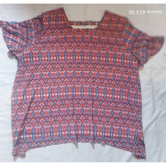 Catherines Womens 30/32W Multi-Color Geometric Print Blouse With Back Cutout Det - Picture 2 of 7